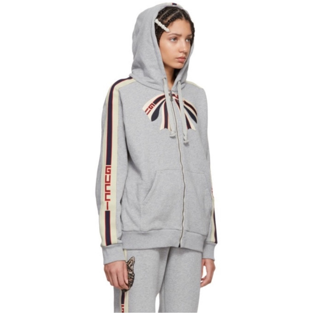 Gucci Gray Bow Stripe Logo Hoodie Sweatshirt